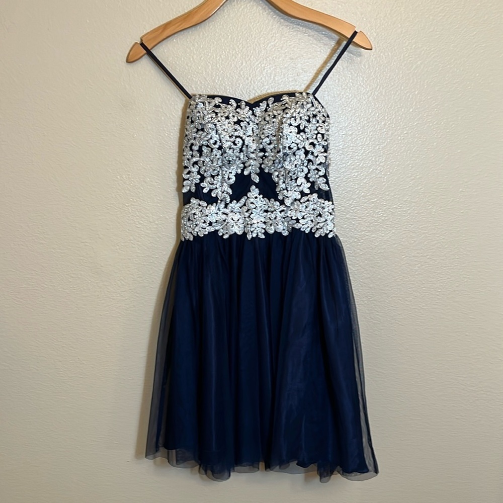 Sequin Hearts Navy Silver Embroidery Strapless Special Occasion Prom Mini Dress